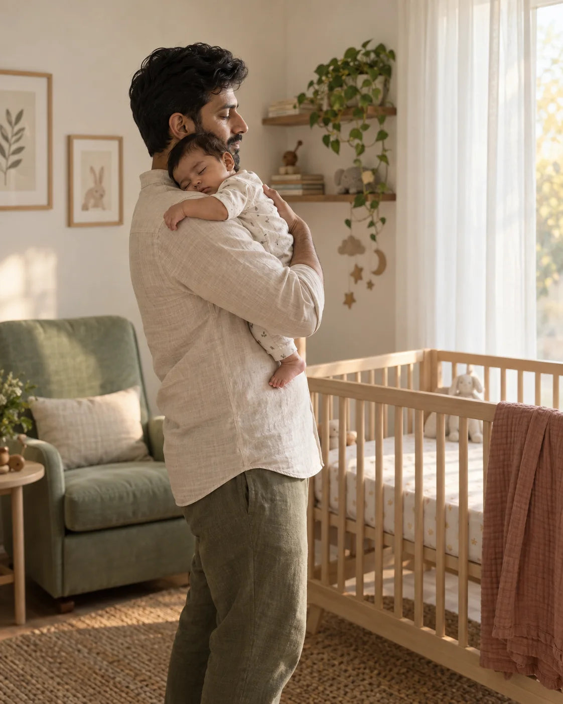 Father settling his sleeping baby at bedtime