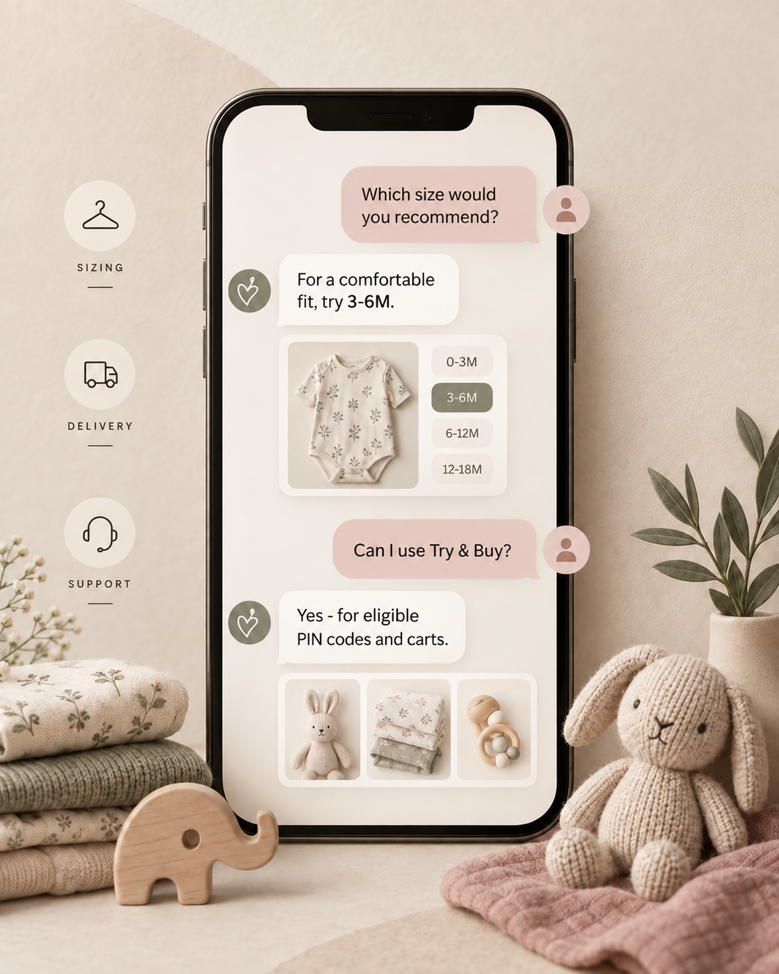 Pannolino concierge chat offering sizing and Try & Buy guidance