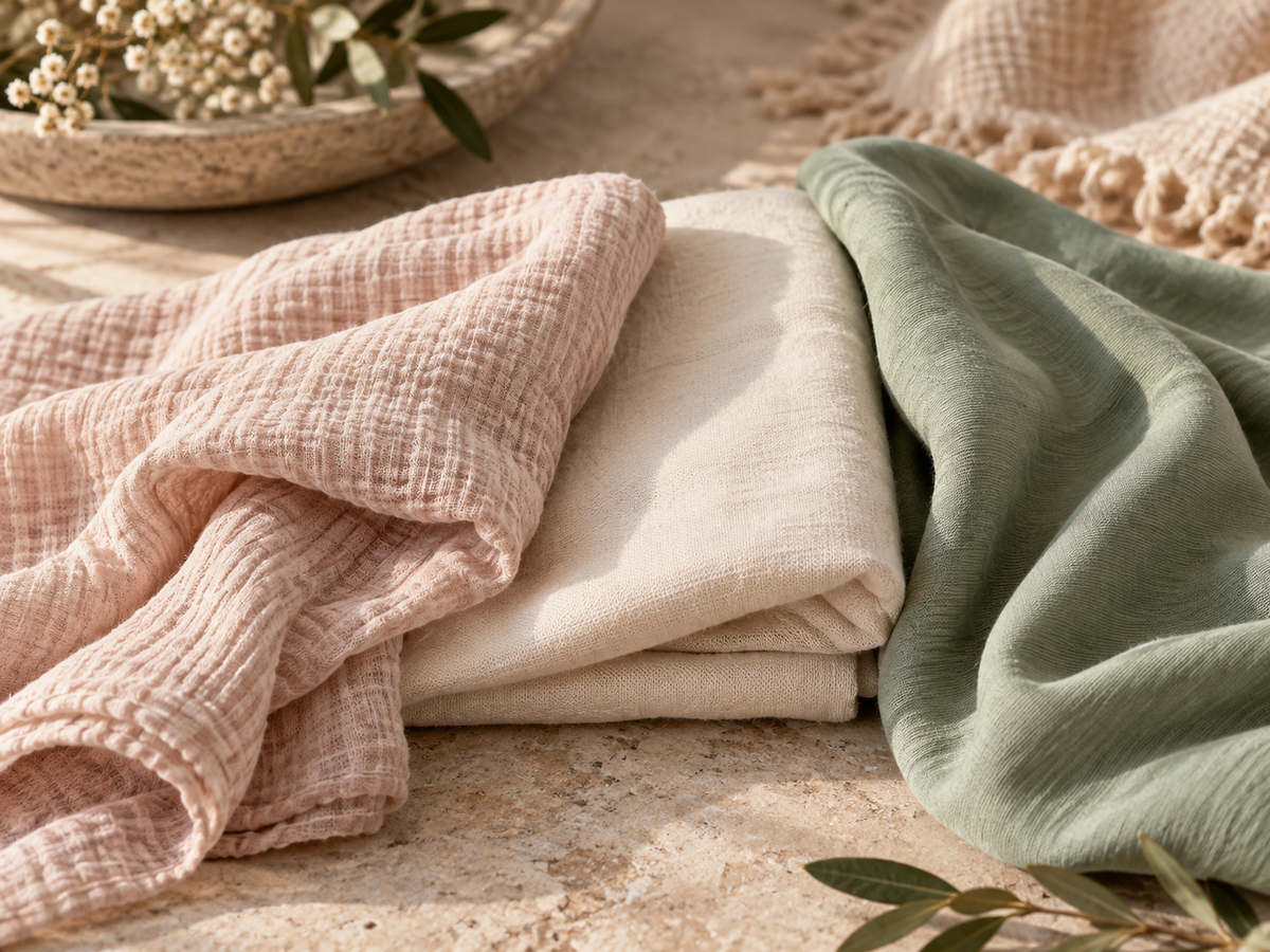 Cotton, muslin and bamboo-rich fabrics in soft neutral colours