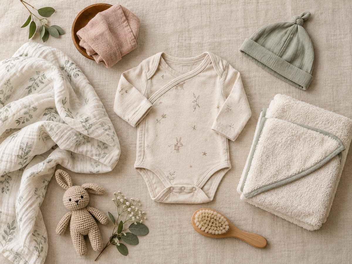 Newborn clothing, muslin, towel and baby-care essentials arranged on warm linen