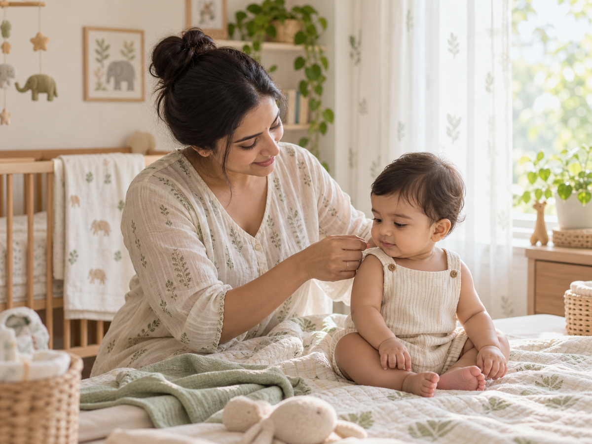 Mother dressing her baby in breathable clothing in an airy nursery