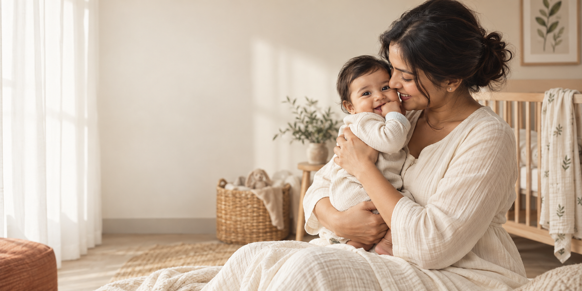 Mother holding her baby in a warm nursery