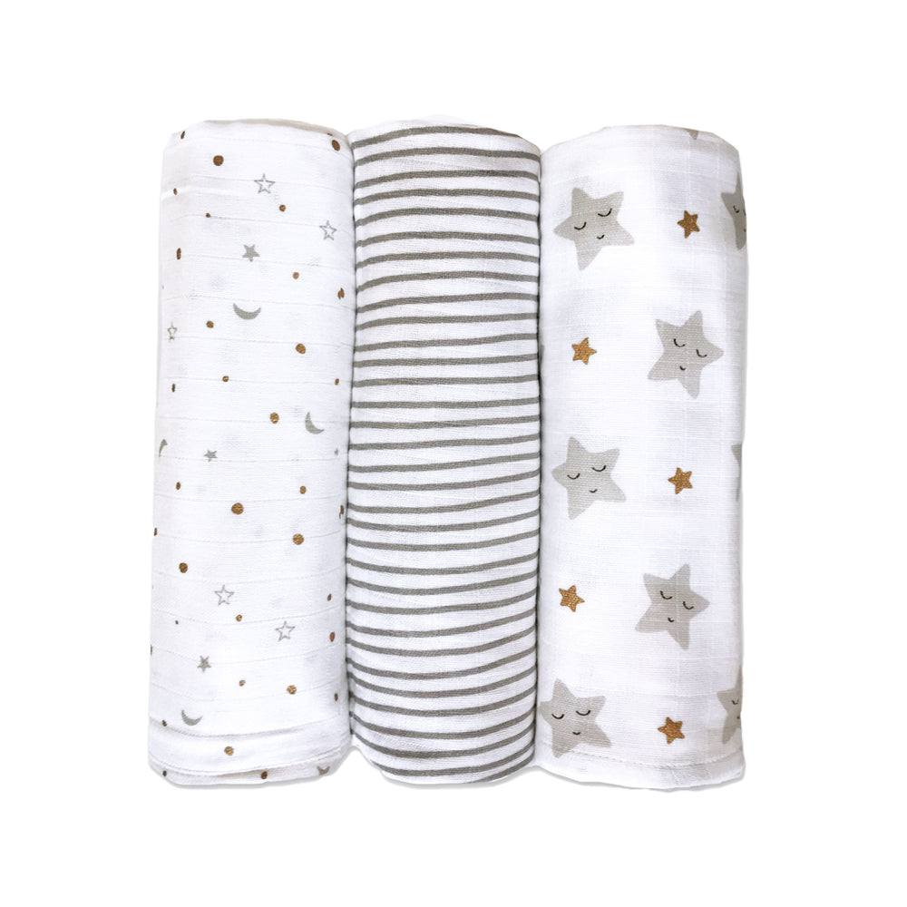 Pannolino gallery: Organic Muslin Swaddles (Set of 3) Sleepy Star (Metallic) | Organic Muslin Swaddles (Set of 3)
