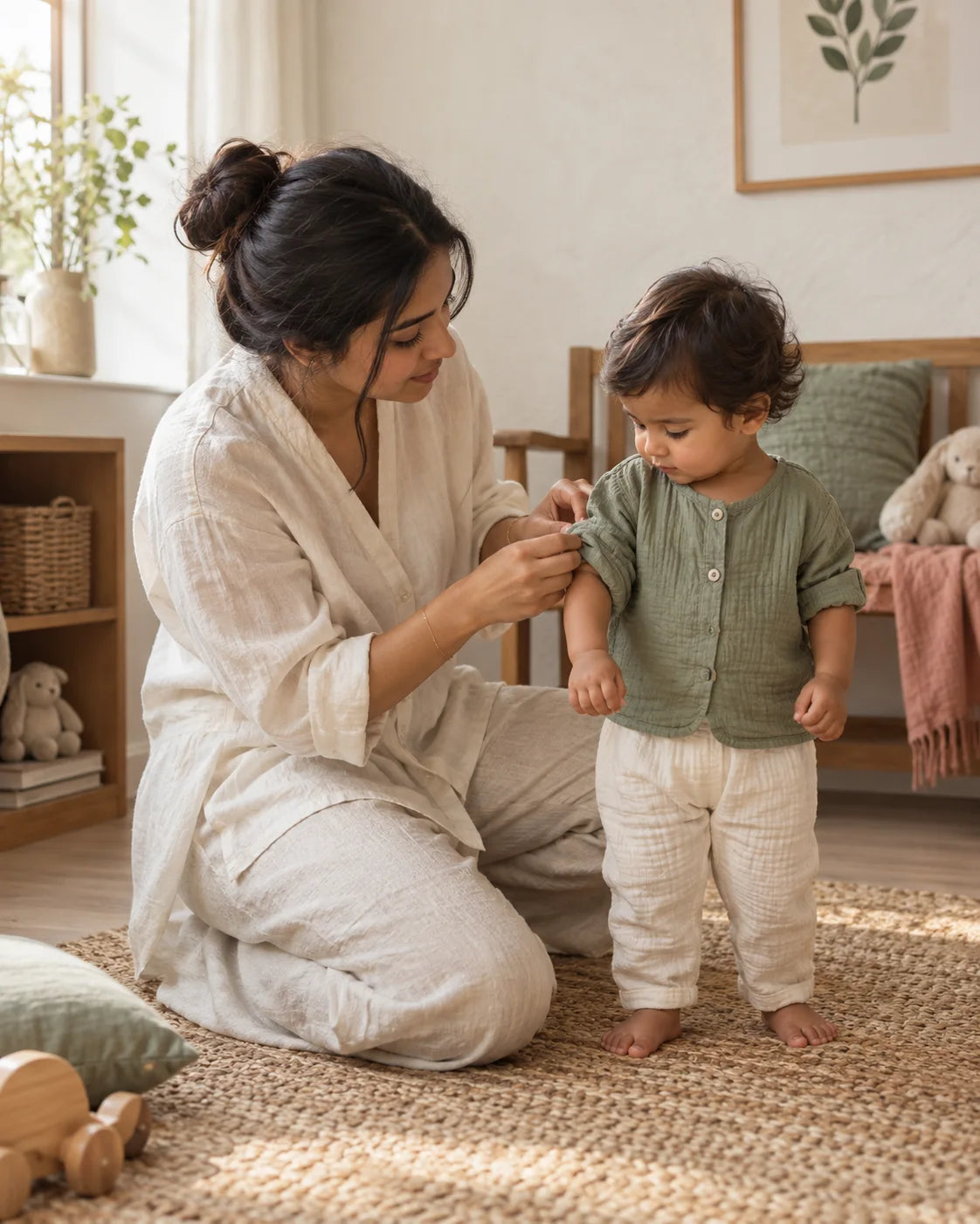 A parent helping her toddler get ready for the day
