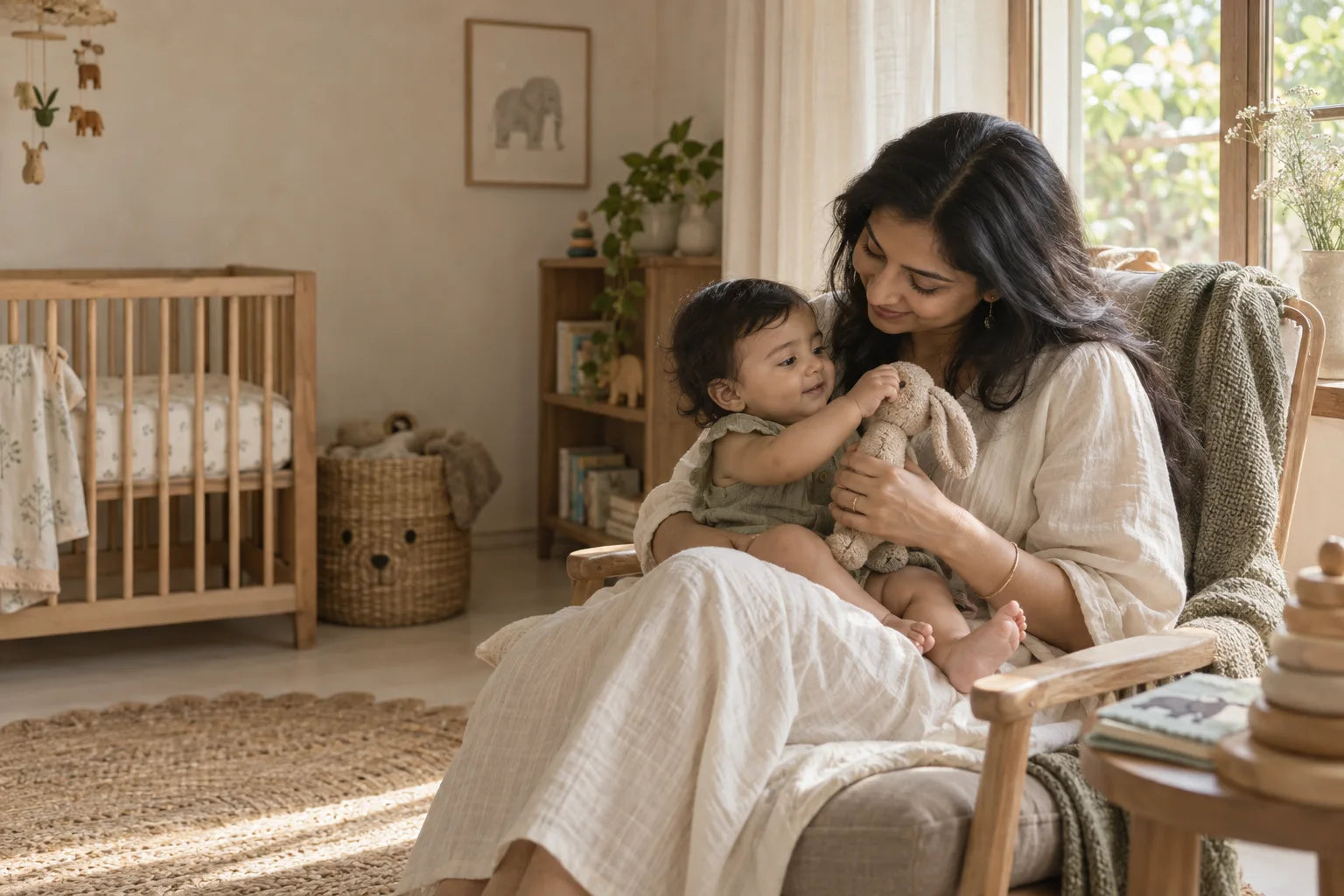 Mother and baby sharing a quiet moment in a warm nursery
