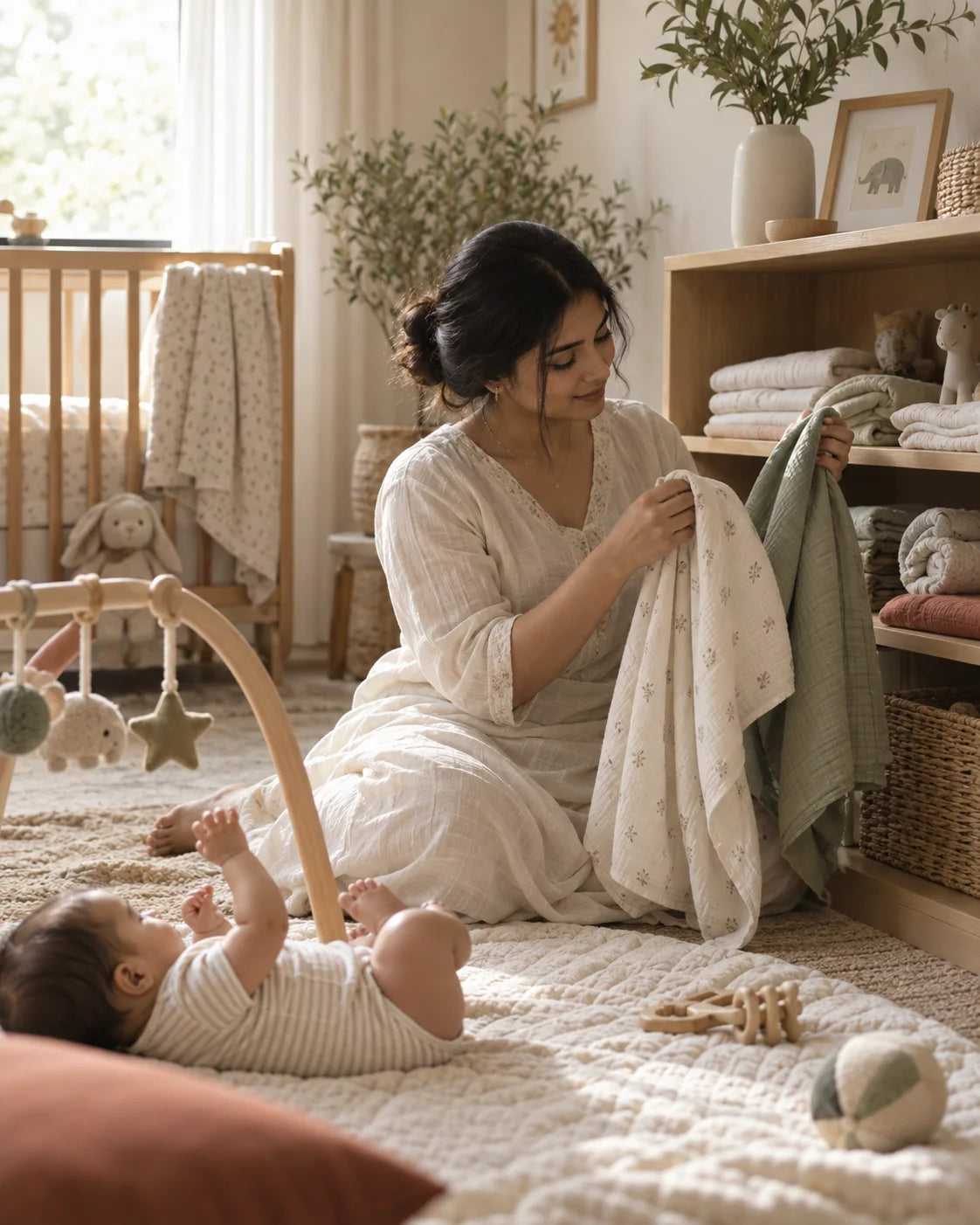 A mother comparing soft baby fabrics in a warm nursery
